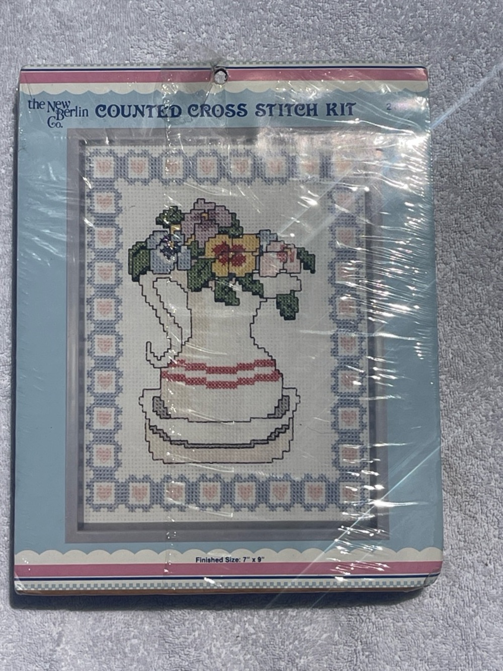Counted Cross Stitch Kit - Floral Pitcher Design in White, Red, Green, Blue